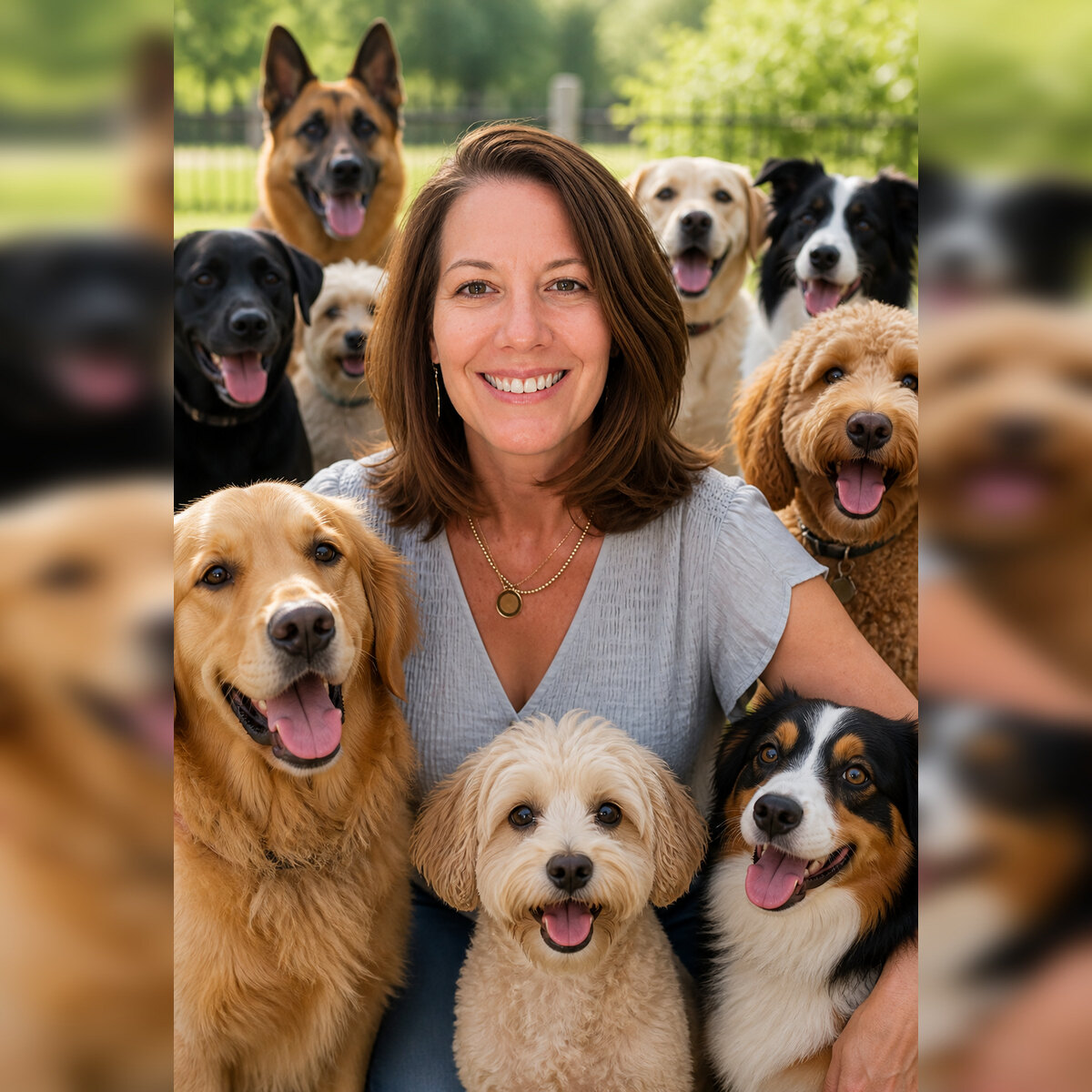 Carol smiling outdoors surrounded by friendly dogs