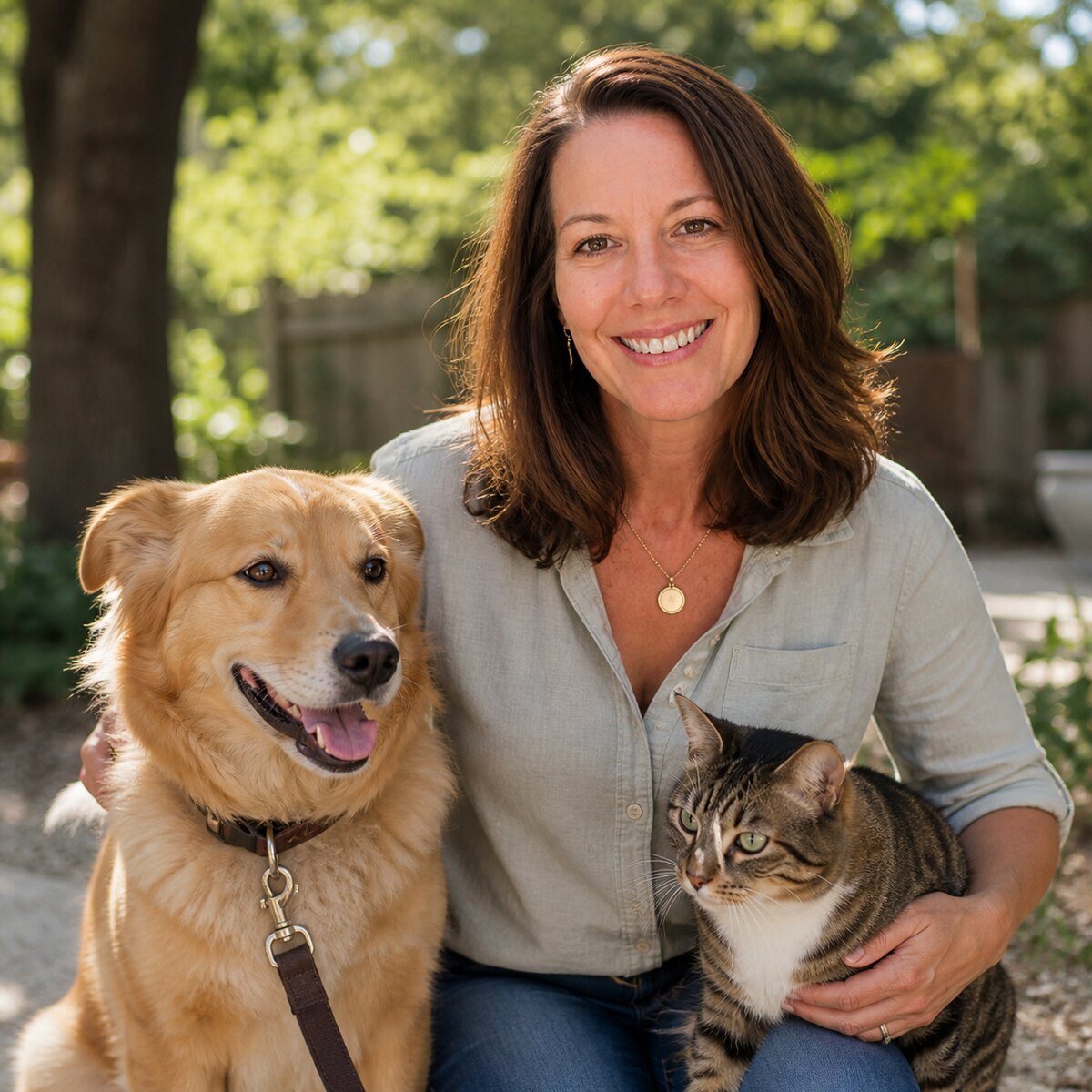 Carol smiling outdoors with a dog and cat
