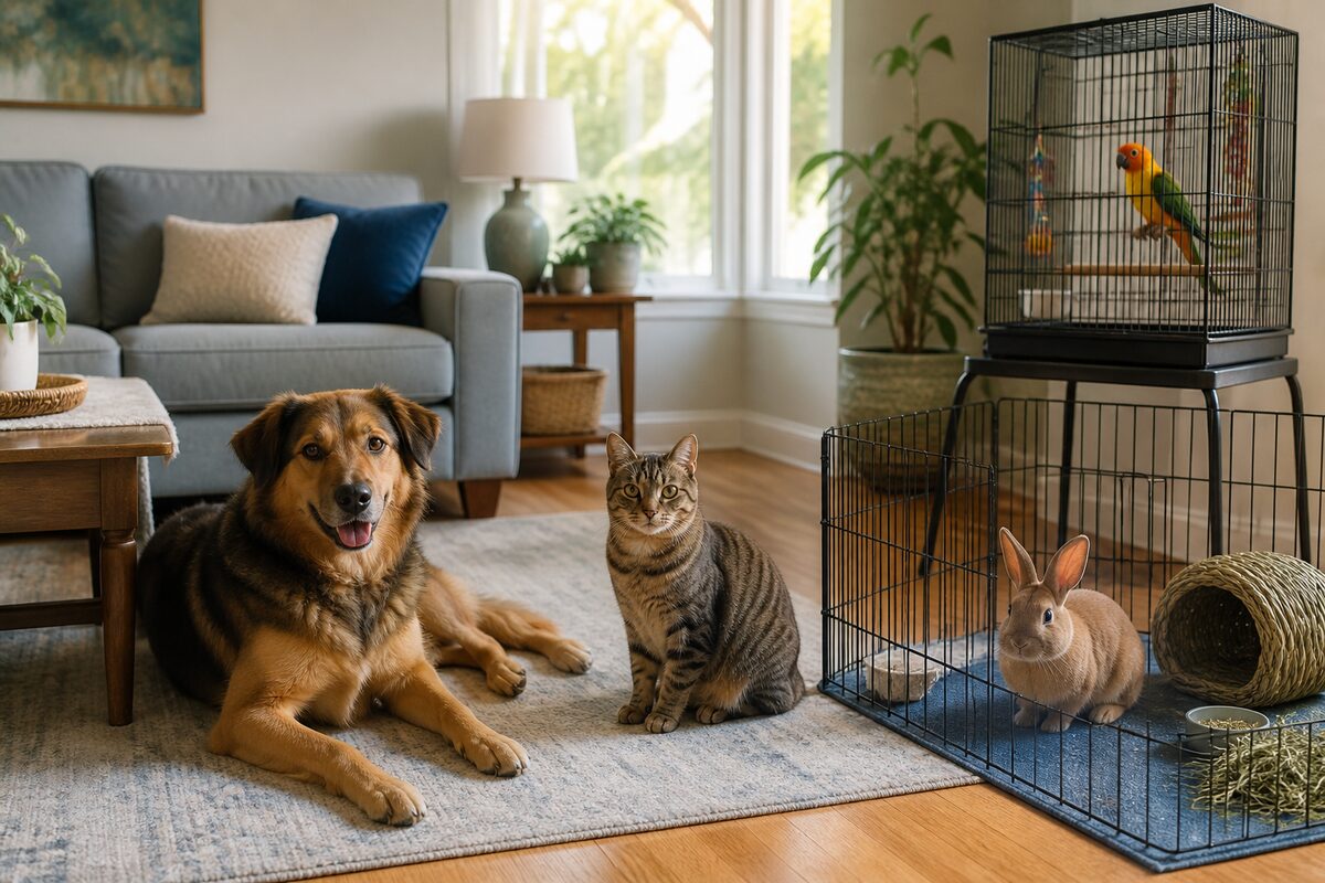Dog, cat, rabbit, and bird calmly settled in a bright home