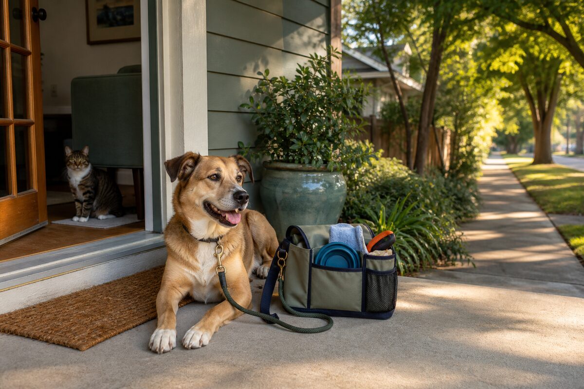 Leashed dog resting on a front porch with pet care supplies and a cat visible inside