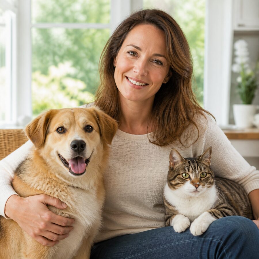 Stock-style placeholder image of a pet owner with a dog and cat