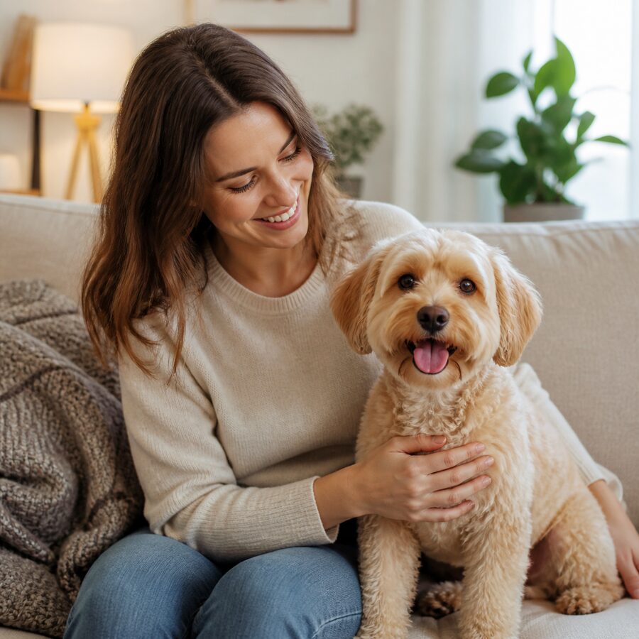 Stock-style placeholder image of a pet owner with a small dog